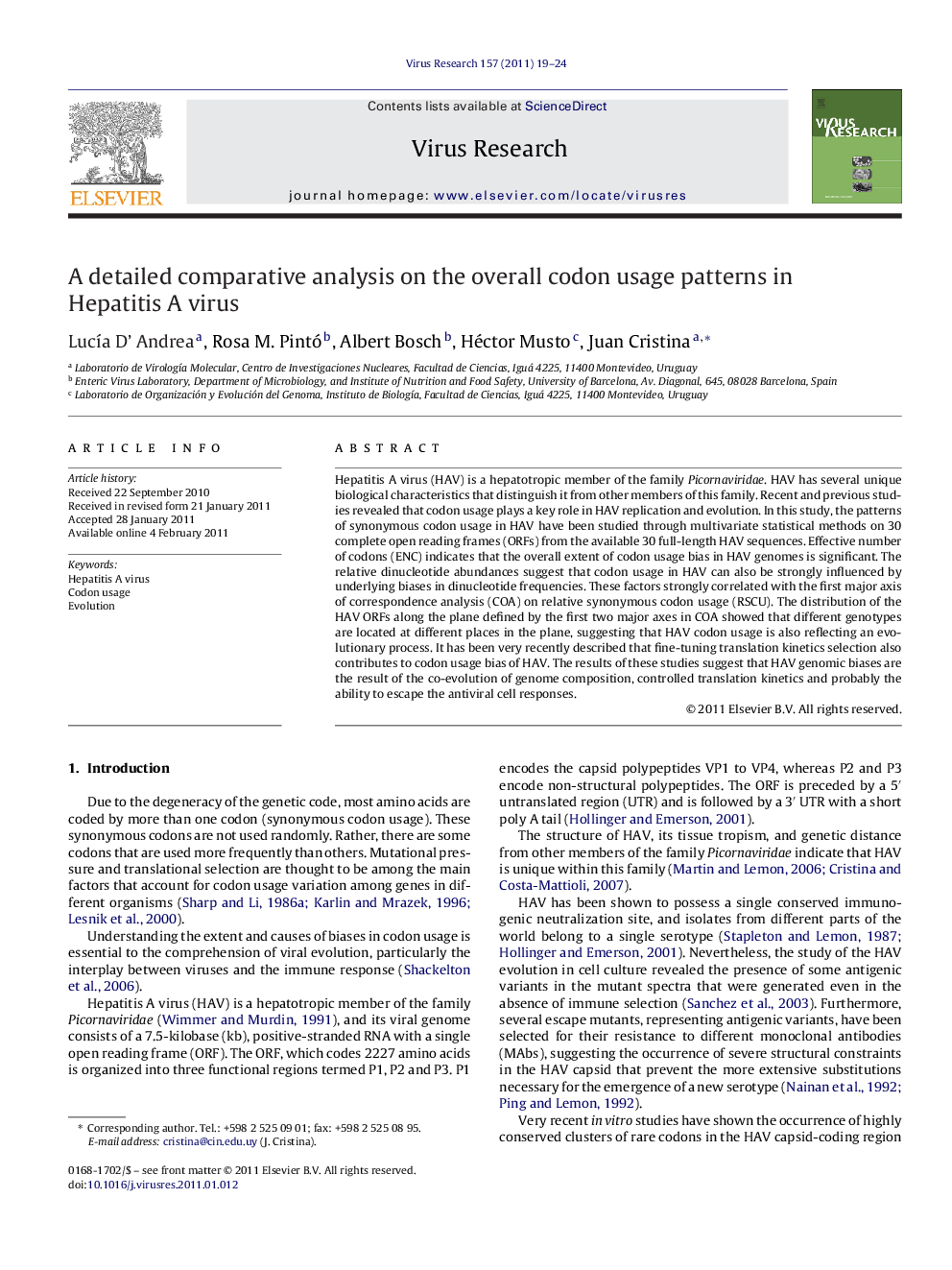 A detailed comparative analysis on the overall codon usage patterns in Hepatitis A virus