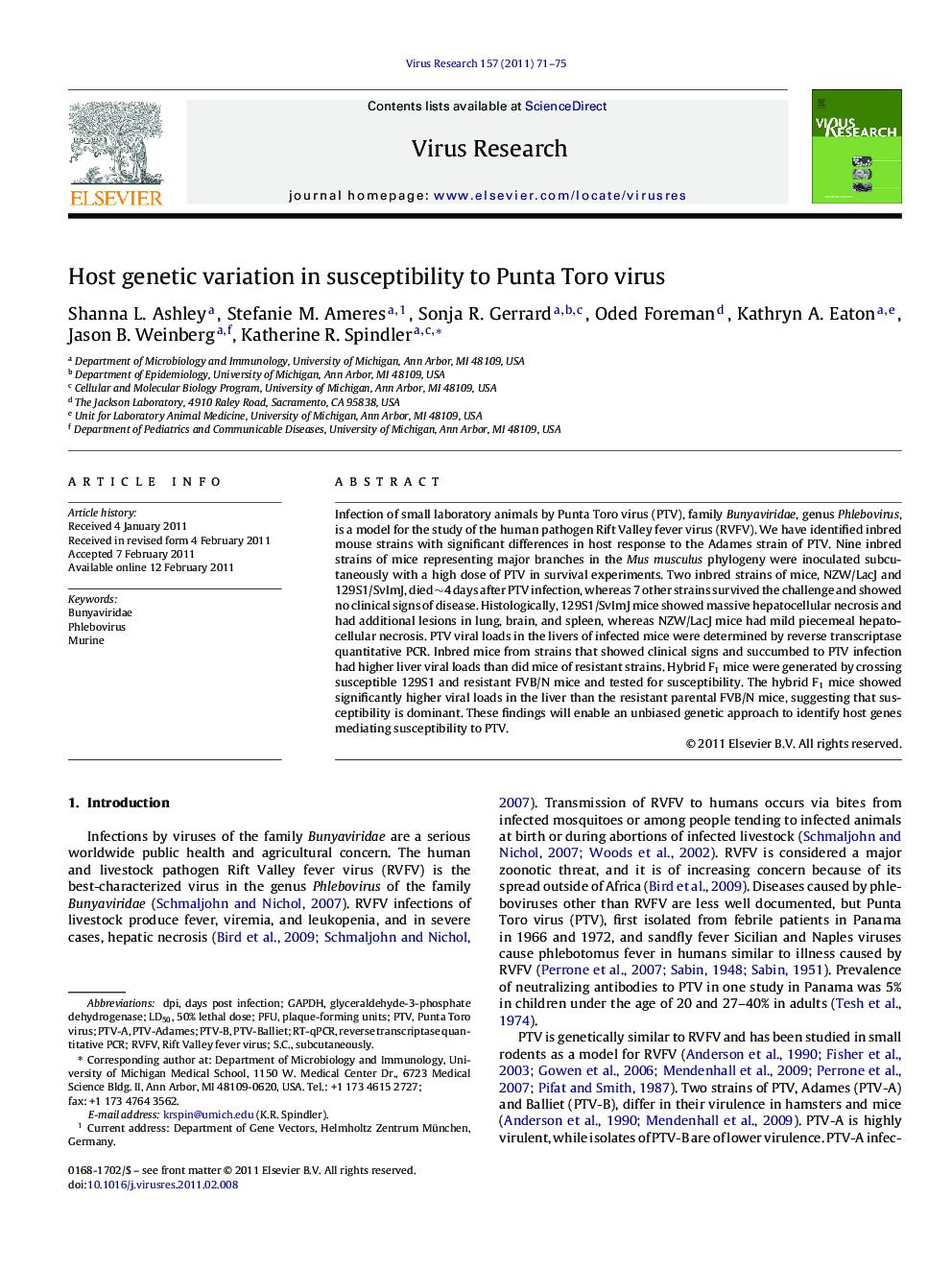 Host genetic variation in susceptibility to Punta Toro virus