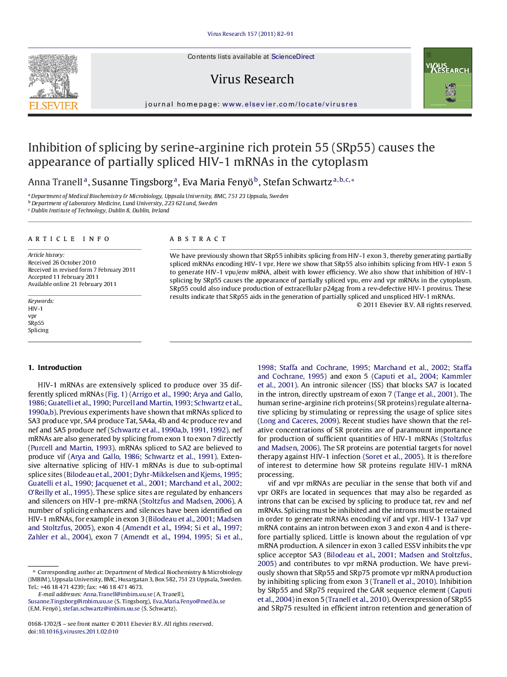 Inhibition of splicing by serine-arginine rich protein 55 (SRp55) causes the appearance of partially spliced HIV-1 mRNAs in the cytoplasm