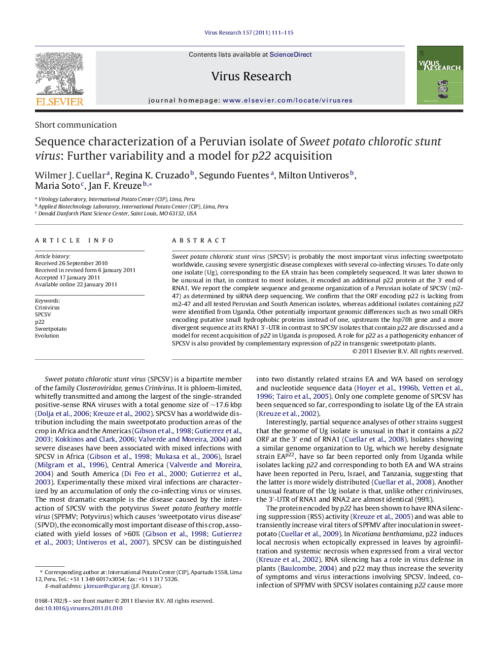 Sequence characterization of a Peruvian isolate of Sweet potato chlorotic stunt virus: Further variability and a model for p22 acquisition