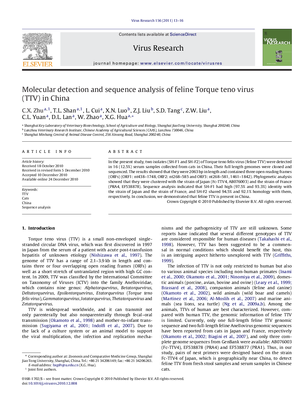 Molecular detection and sequence analysis of feline Torque teno virus (TTV) in China