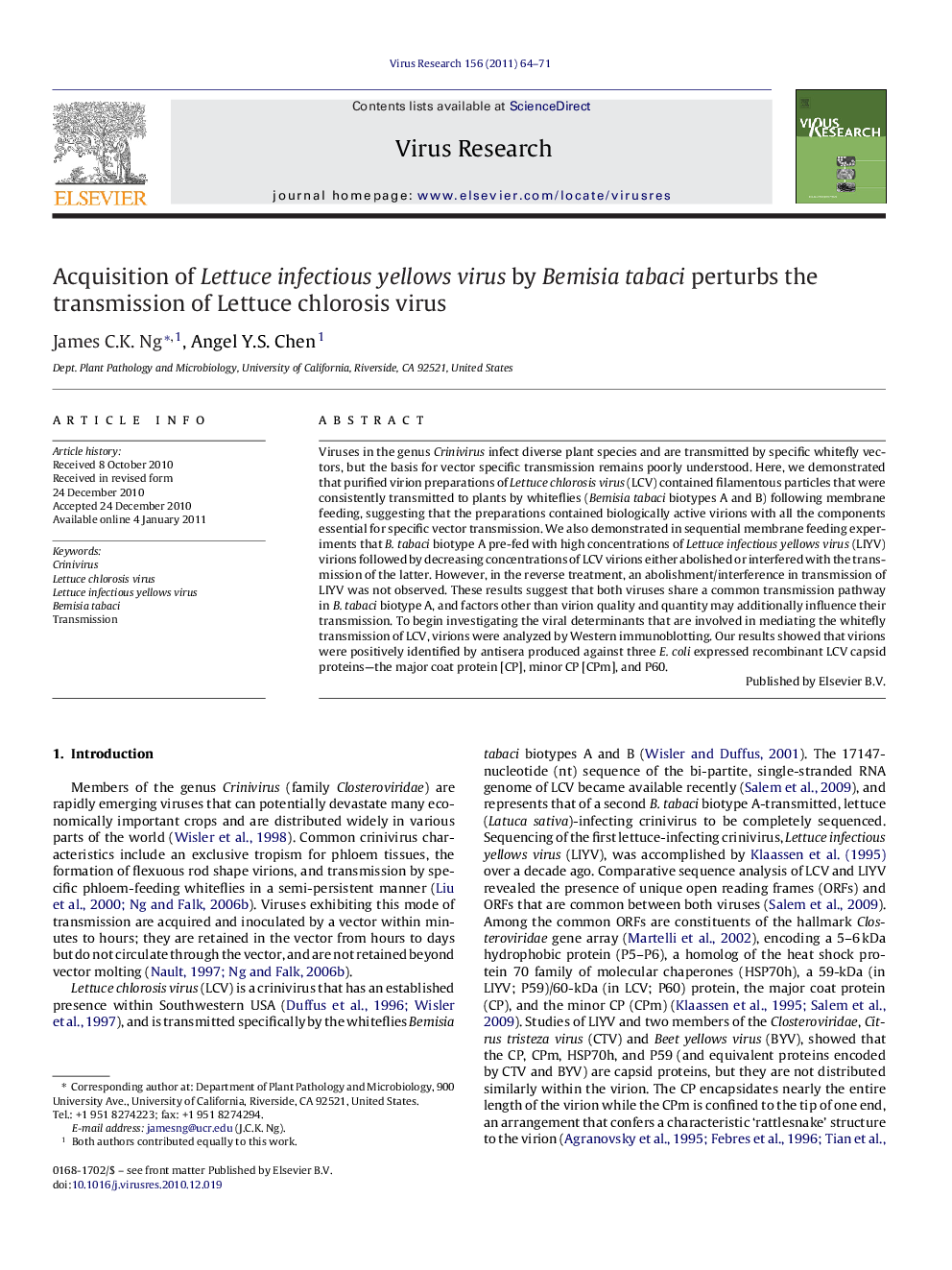 Acquisition of Lettuce infectious yellows virus by Bemisia tabaci perturbs the transmission of Lettuce chlorosis virus