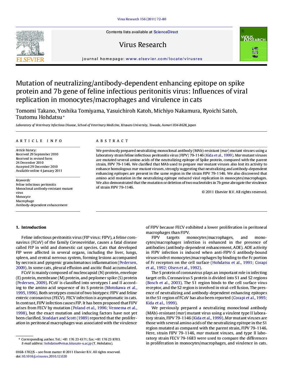 Mutation of neutralizing/antibody-dependent enhancing epitope on spike protein and 7b gene of feline infectious peritonitis virus: Influences of viral replication in monocytes/macrophages and virulence in cats