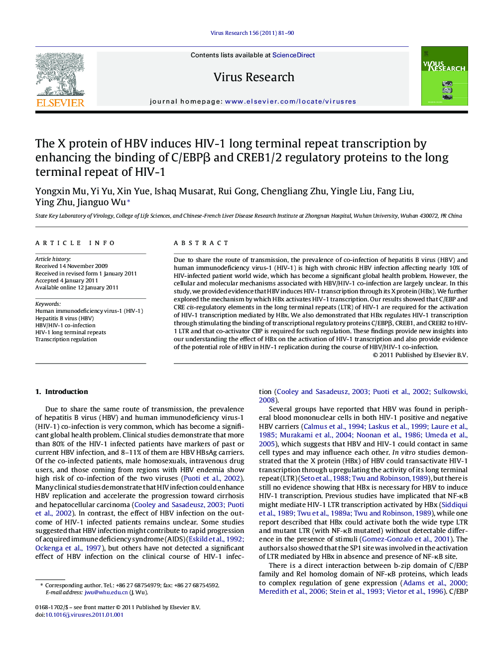 The X protein of HBV induces HIV-1 long terminal repeat transcription by enhancing the binding of C/EBPÎ² and CREB1/2 regulatory proteins to the long terminal repeat of HIV-1