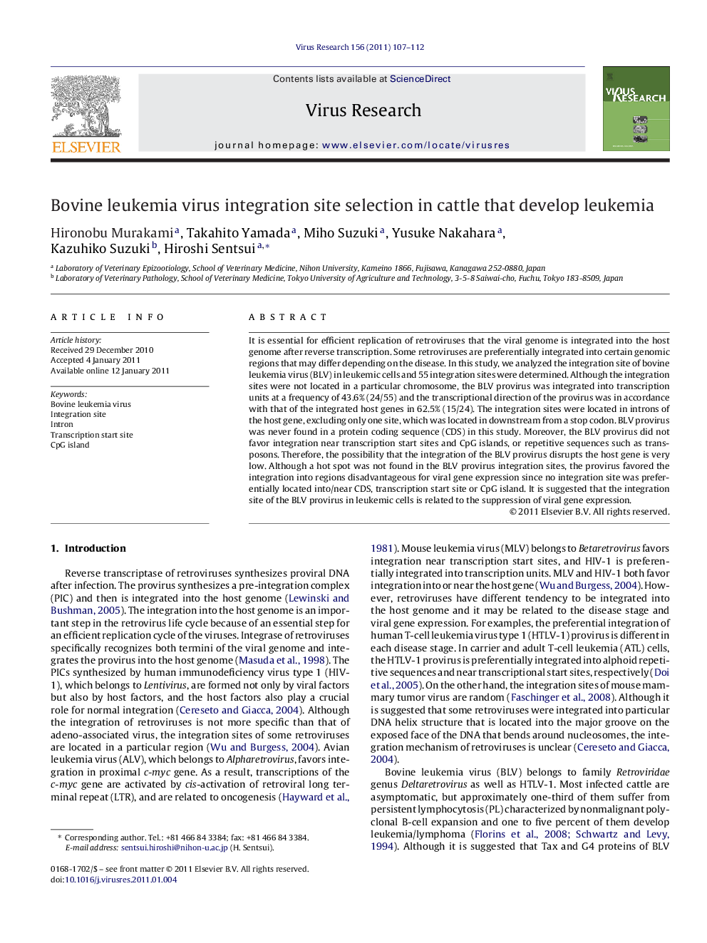 Bovine leukemia virus integration site selection in cattle that develop leukemia