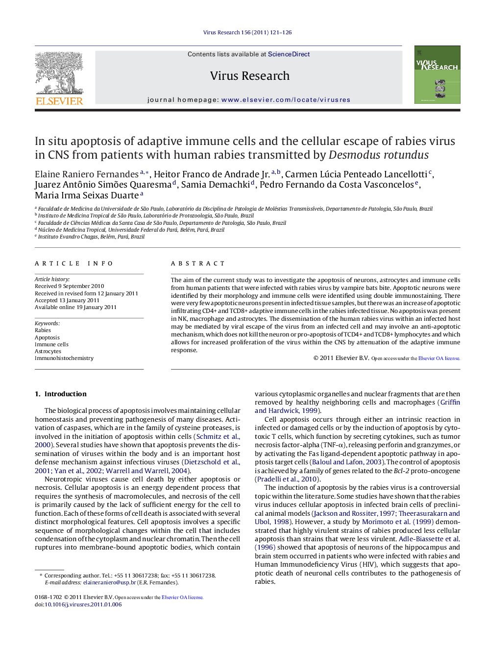 In situ apoptosis of adaptive immune cells and the cellular escape of rabies virus in CNS from patients with human rabies transmitted by Desmodus rotundus