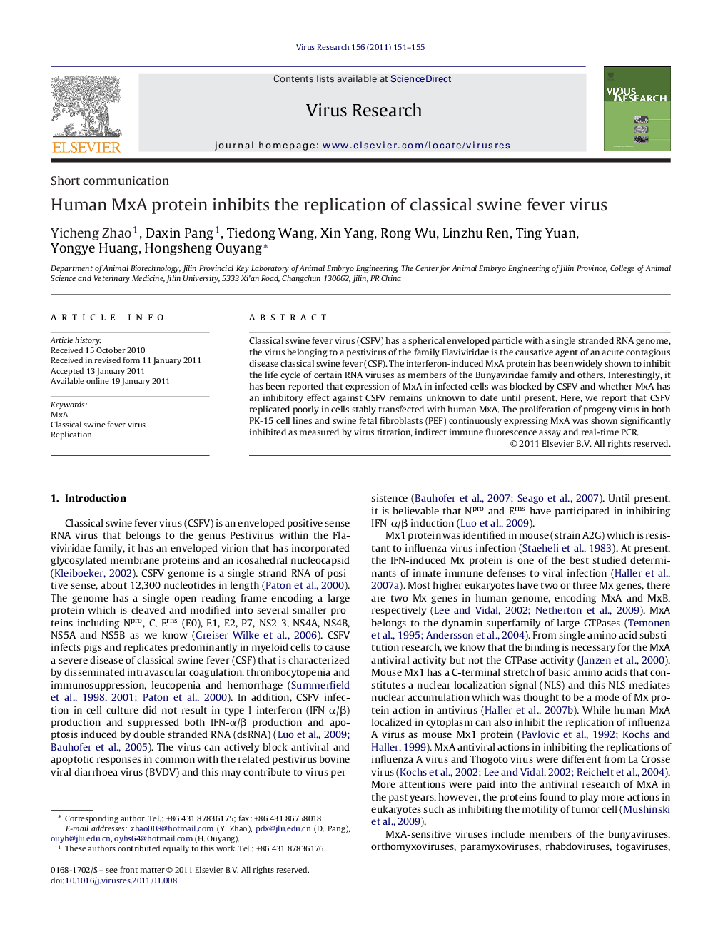 Human MxA protein inhibits the replication of classical swine fever virus