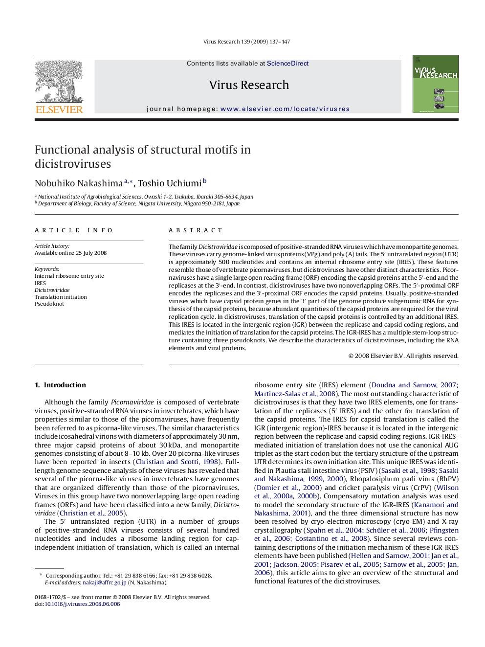 Functional analysis of structural motifs in dicistroviruses