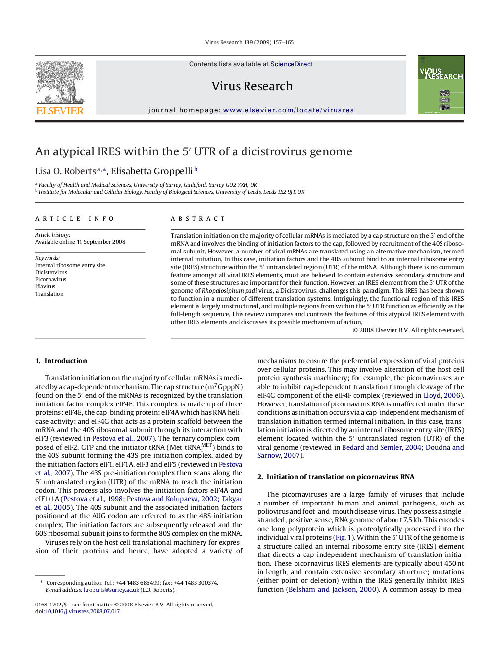 An atypical IRES within the 5â² UTR of a dicistrovirus genome