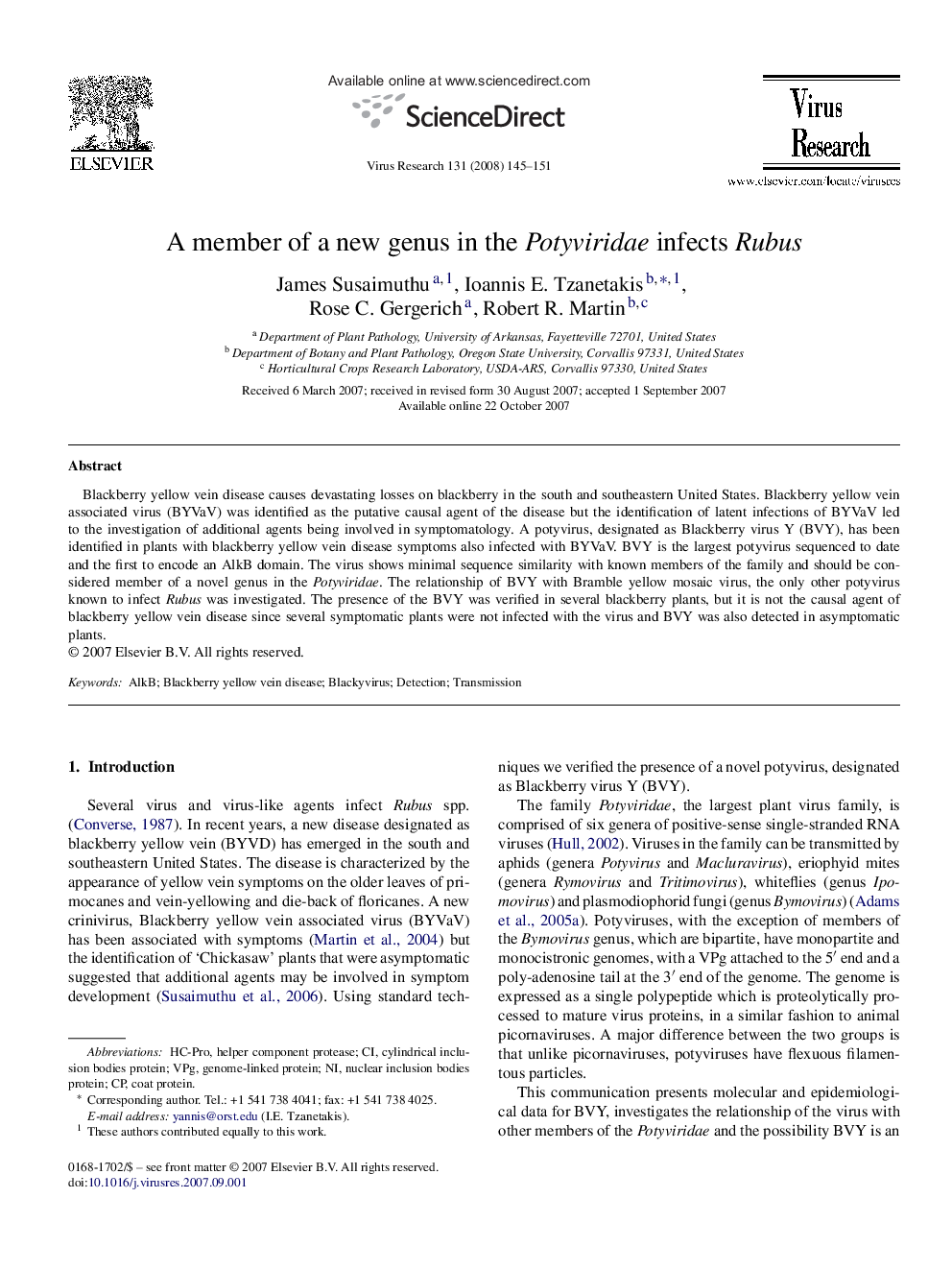 A member of a new genus in the Potyviridae infects Rubus