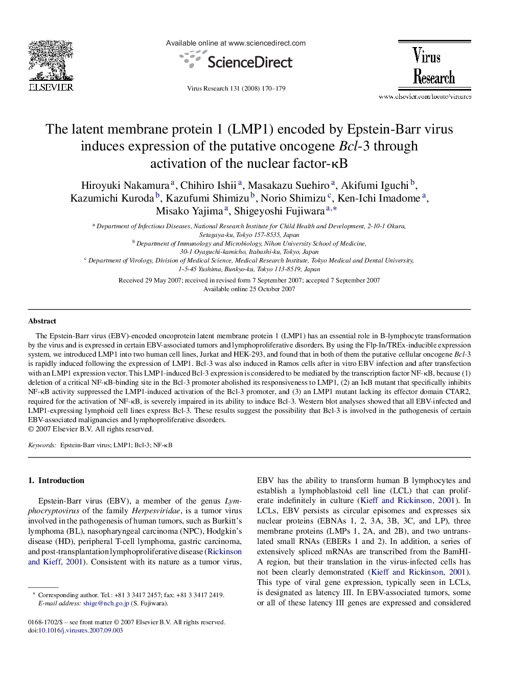 The latent membrane protein 1 (LMP1) encoded by Epstein-Barr virus induces expression of the putative oncogene Bcl-3 through activation of the nuclear factor-ÎºB