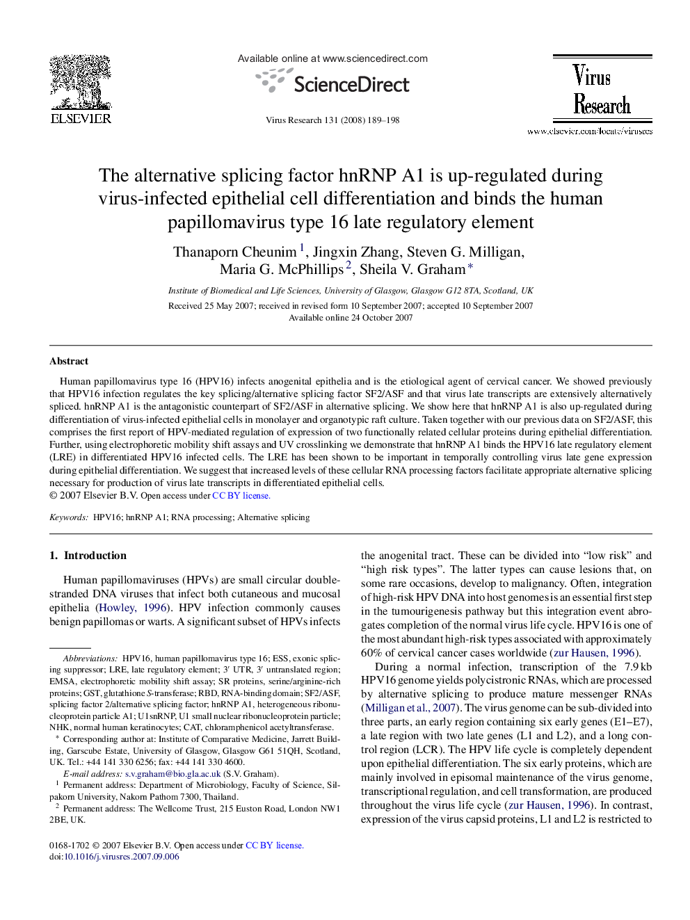 The alternative splicing factor hnRNP A1 is up-regulated during virus-infected epithelial cell differentiation and binds the human papillomavirus type 16 late regulatory element