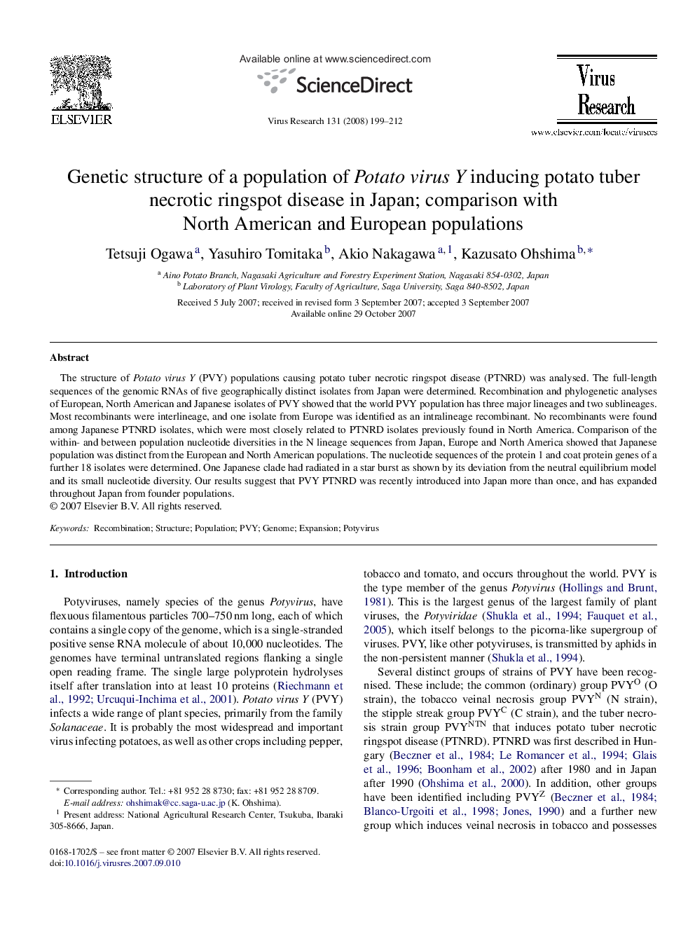 Genetic structure of a population of Potato virus Y inducing potato tuber necrotic ringspot disease in Japan; comparison with North American and European populations