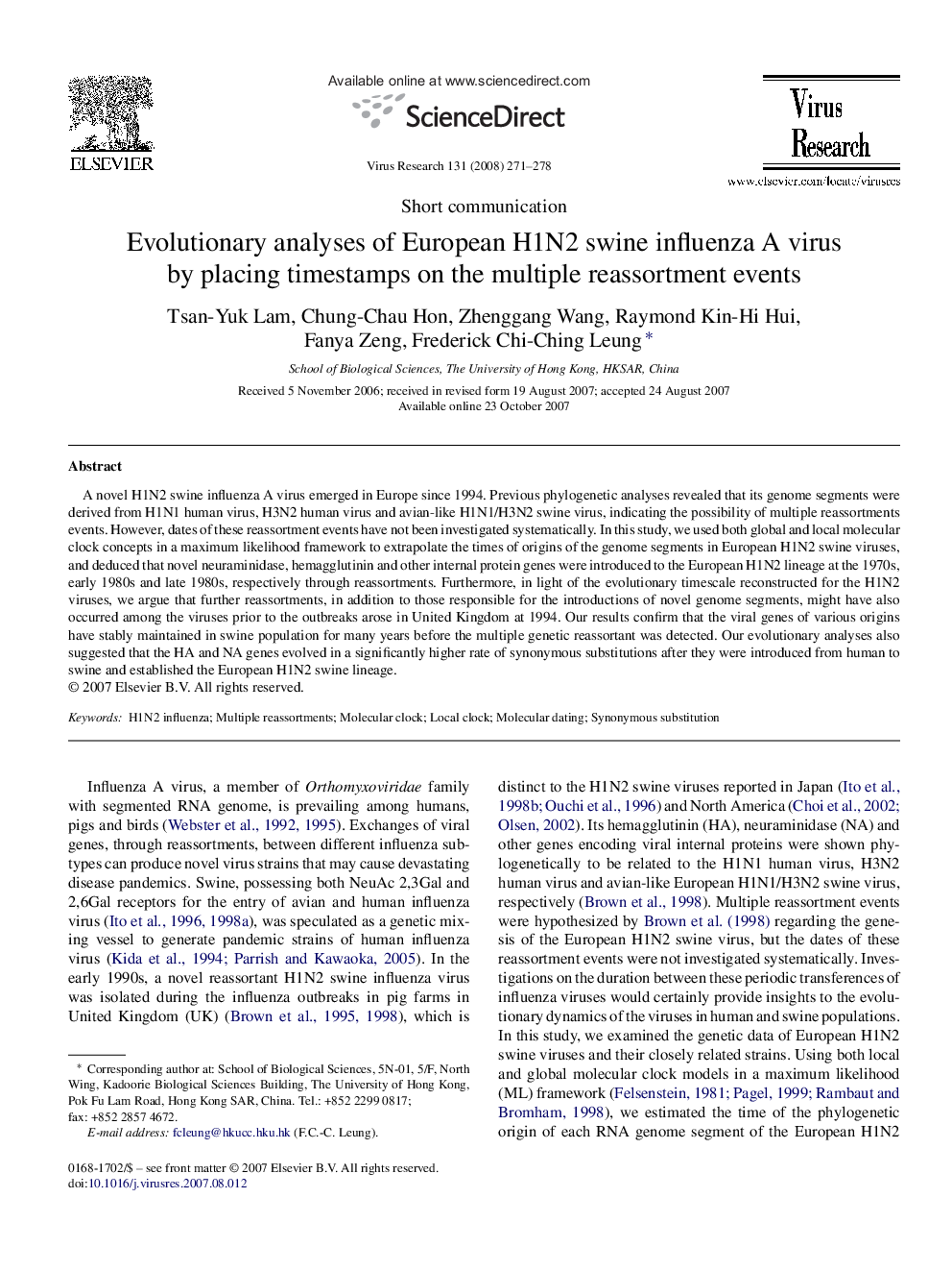 Evolutionary analyses of European H1N2 swine influenza A virus by placing timestamps on the multiple reassortment events