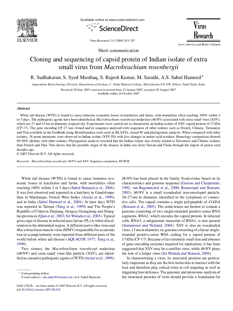 Cloning and sequencing of capsid protein of Indian isolate of extra small virus from Macrobrachium rosenbergii