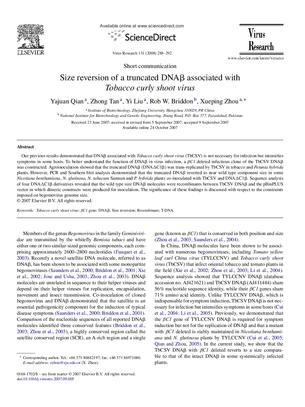 Size reversion of a truncated DNAÎ² associated with Tobacco curly shoot virus