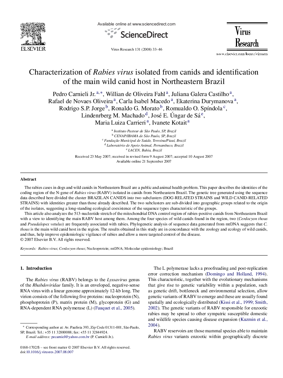 Characterization of Rabies virus isolated from canids and identification of the main wild canid host in Northeastern Brazil