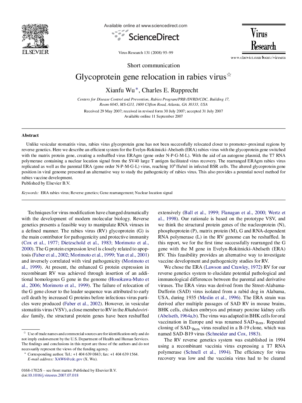 Glycoprotein gene relocation in rabies virus