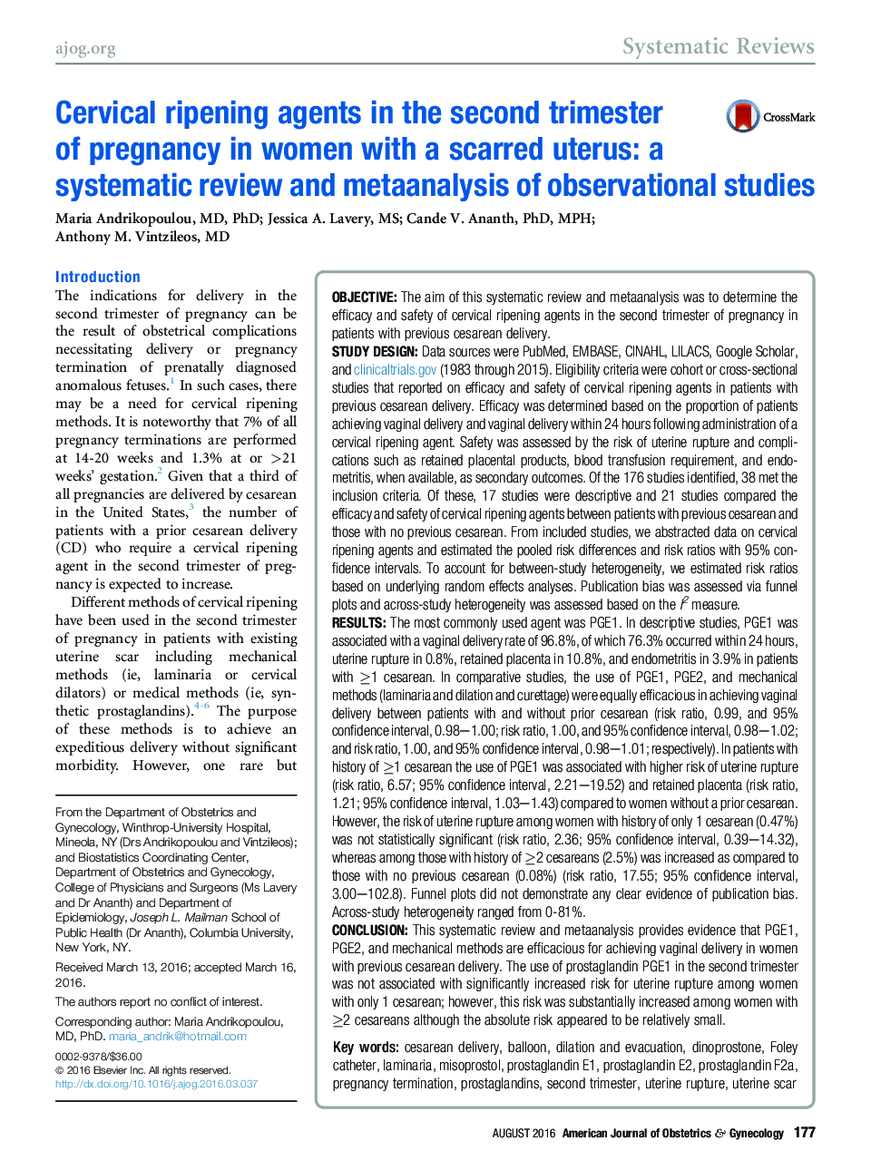 Cervical ripening agents in the second trimester of pregnancy in women with a scarred uterus: a systematic review and metaanalysis of observational studies