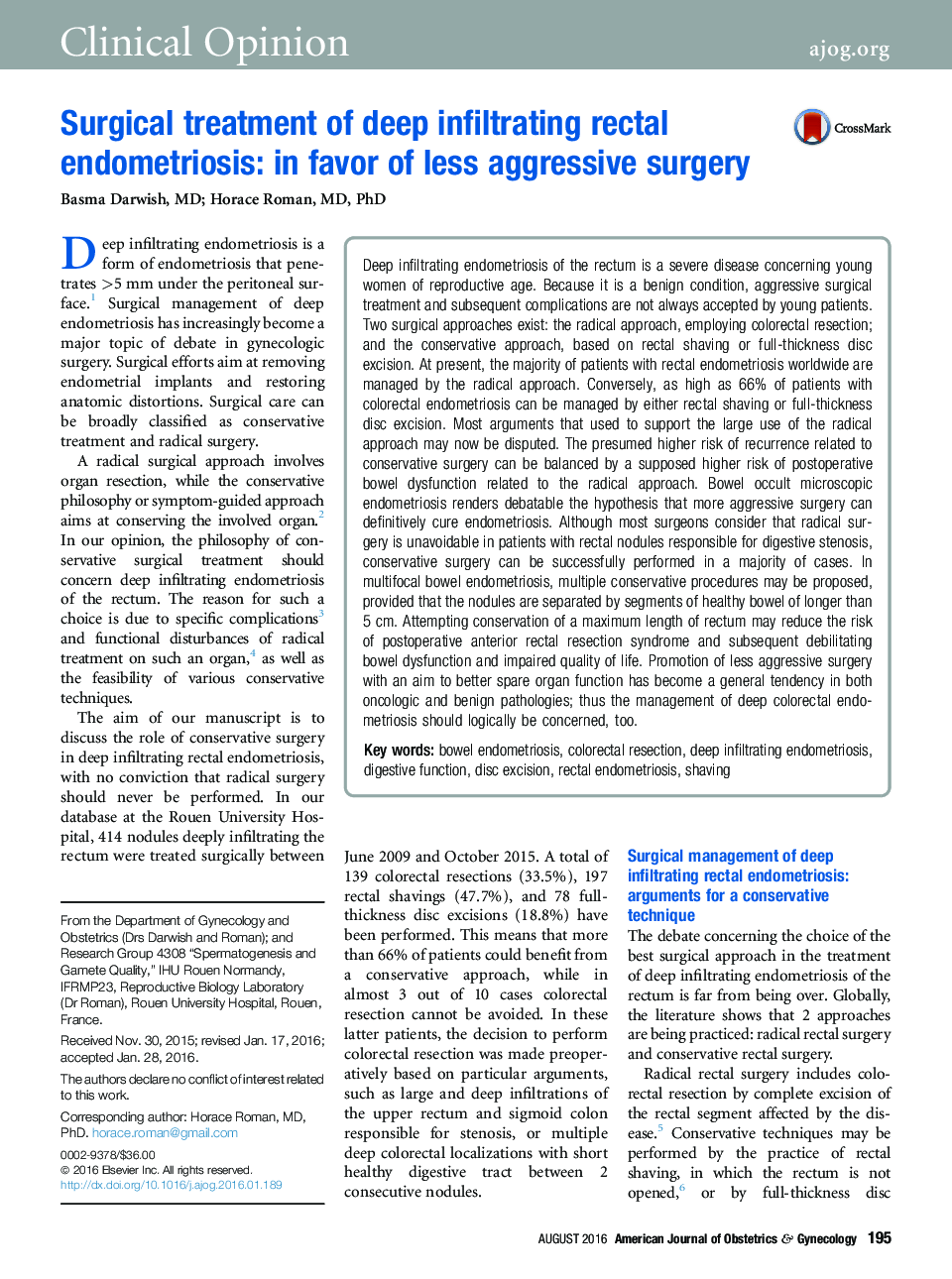 Surgical treatment of deep infiltrating rectal endometriosis: in favor of less aggressive surgery