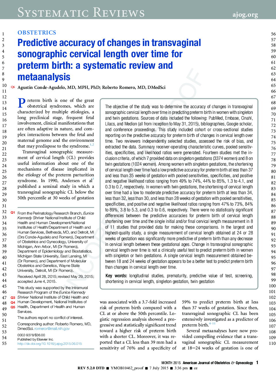 Predictive accuracy of changes in transvaginal sonographic cervical length over time for preterm birth: a systematic review and metaanalysis