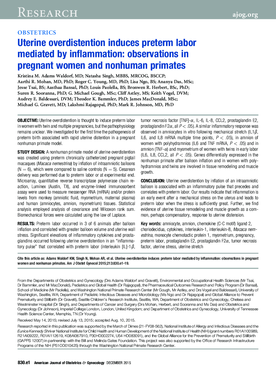 Uterine overdistention induces preterm labor mediated by inflammation: observations in pregnant women and nonhuman primates