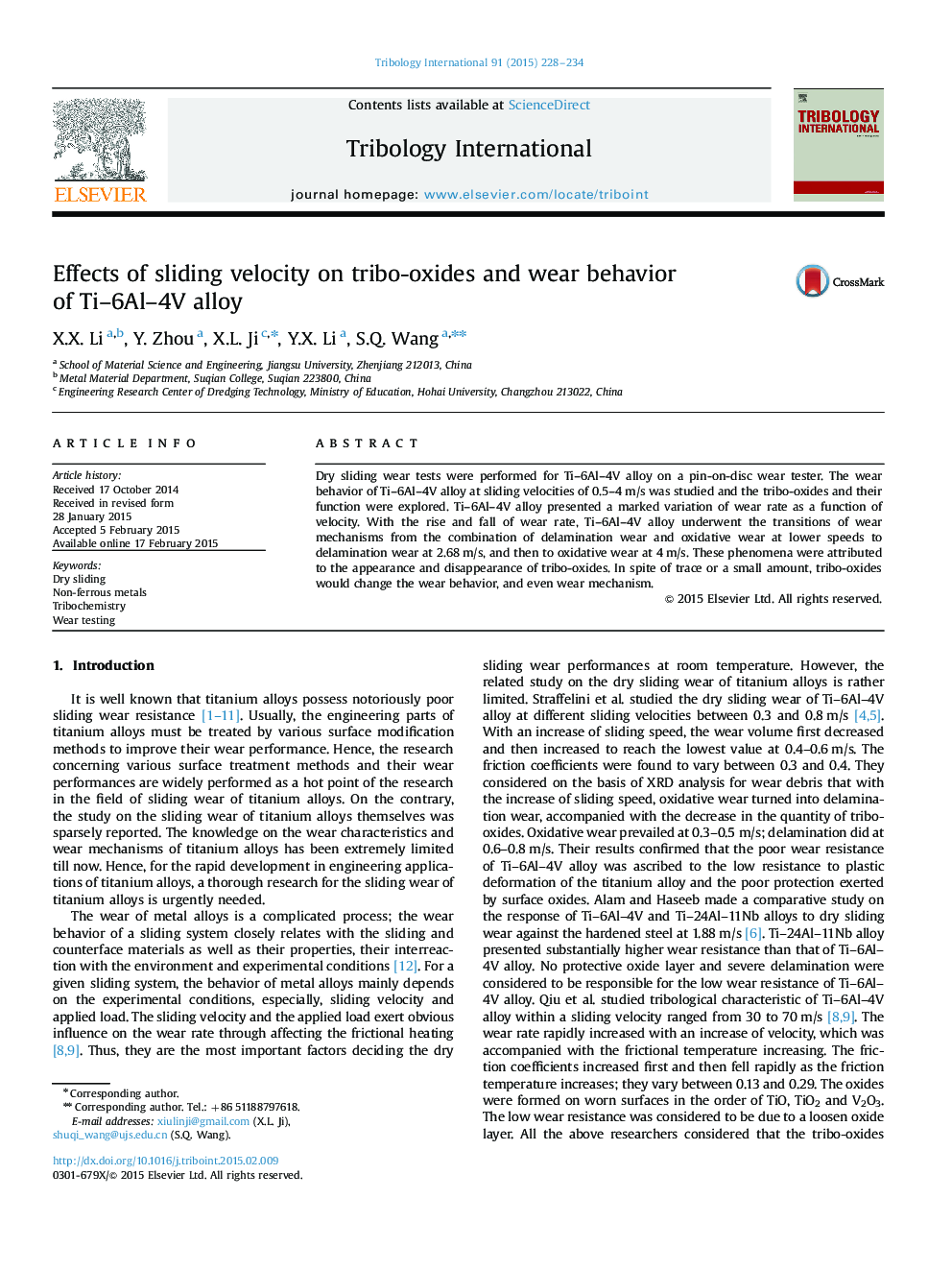 Effects of sliding velocity on tribo-oxides and wear behavior of Ti–6Al–4V alloy