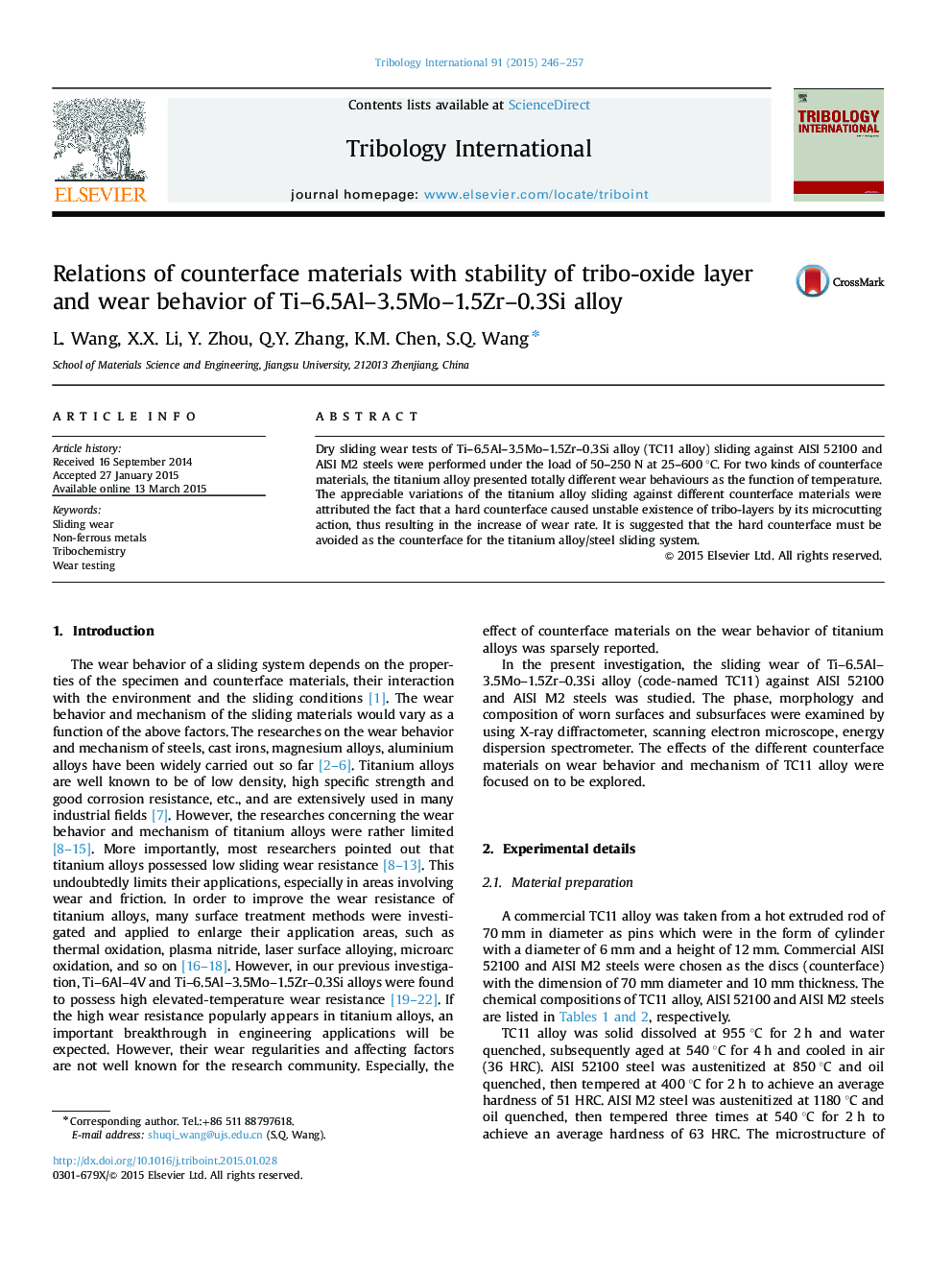 Relations of counterface materials with stability of tribo-oxide layer and wear behavior of Ti-6.5Al-3.5Mo-1.5Zr-0.3Si alloy