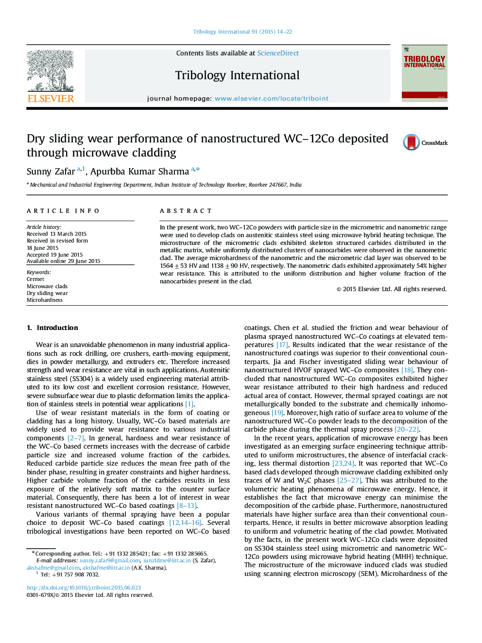 Dry sliding wear performance of nanostructured WC-12Co deposited through microwave cladding