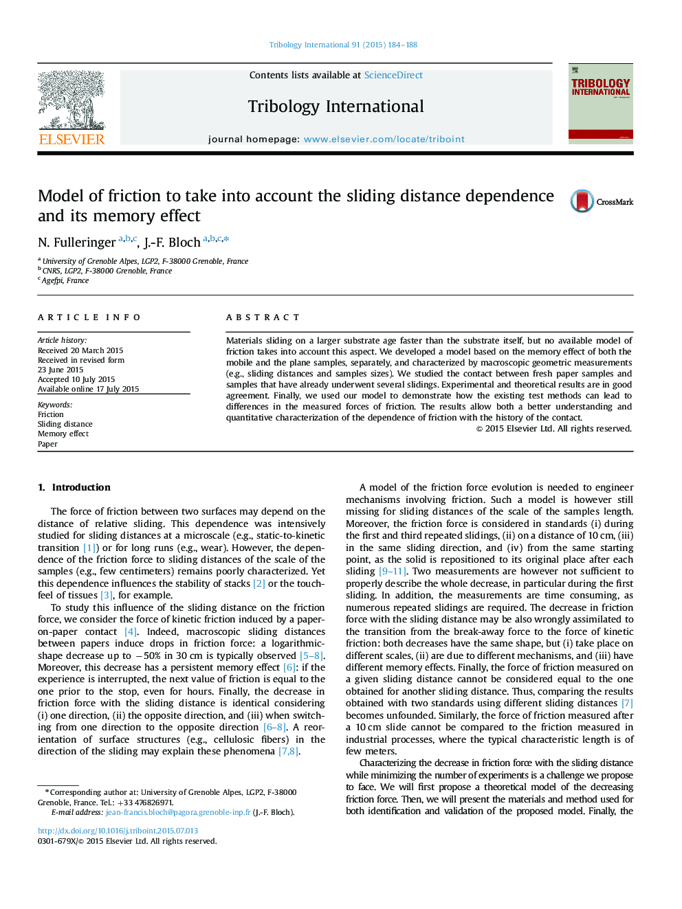 Model of friction to take into account the sliding distance dependence and its memory effect