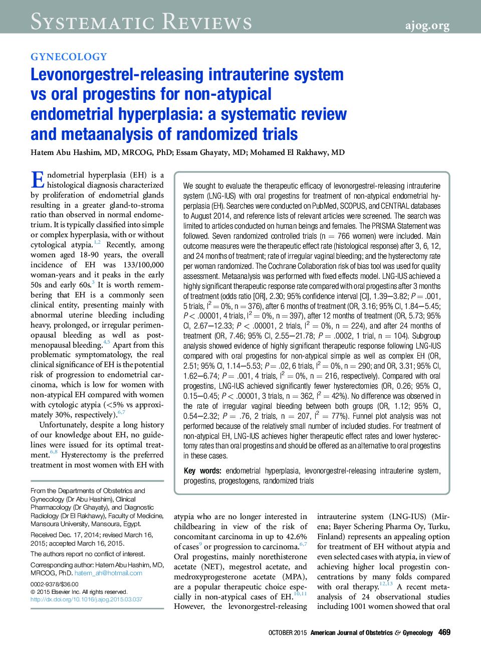 Levonorgestrel-releasing intrauterine system vs oral progestins for non-atypical endometrial hyperplasia: a systematic review and metaanalysis of randomized trials