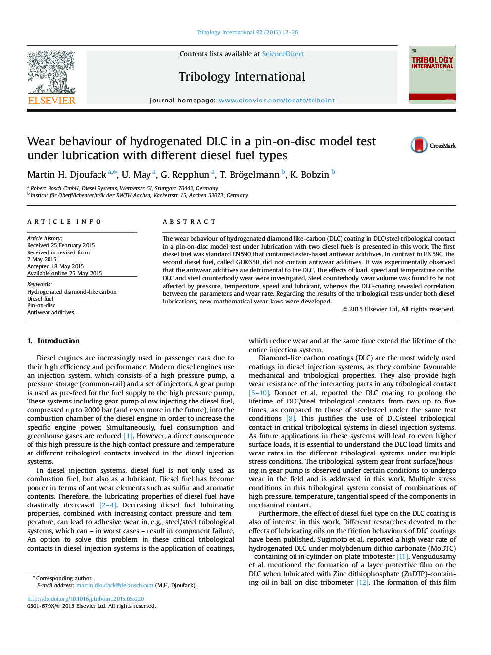 Wear behaviour of hydrogenated DLC in a pin-on-disc model test under lubrication with different diesel fuel types