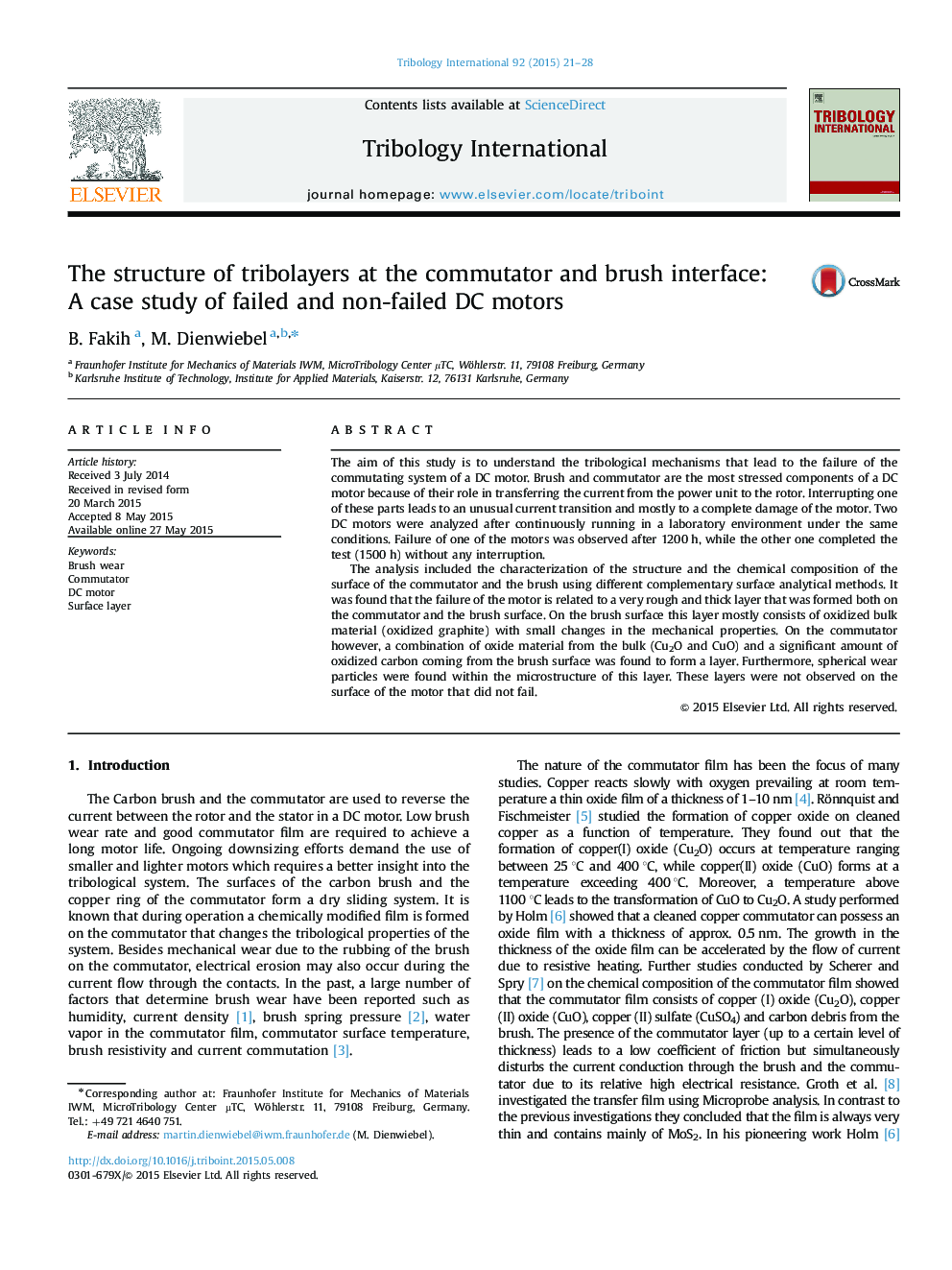 The structure of tribolayers at the commutator and brush interface: A case study of failed and non-failed DC motors