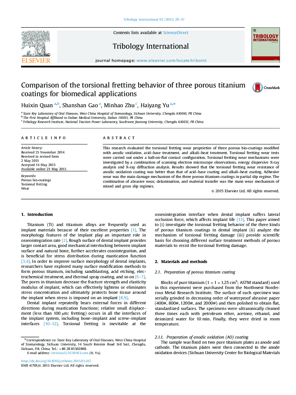 Comparison of the torsional fretting behavior of three porous titanium coatings for biomedical applications