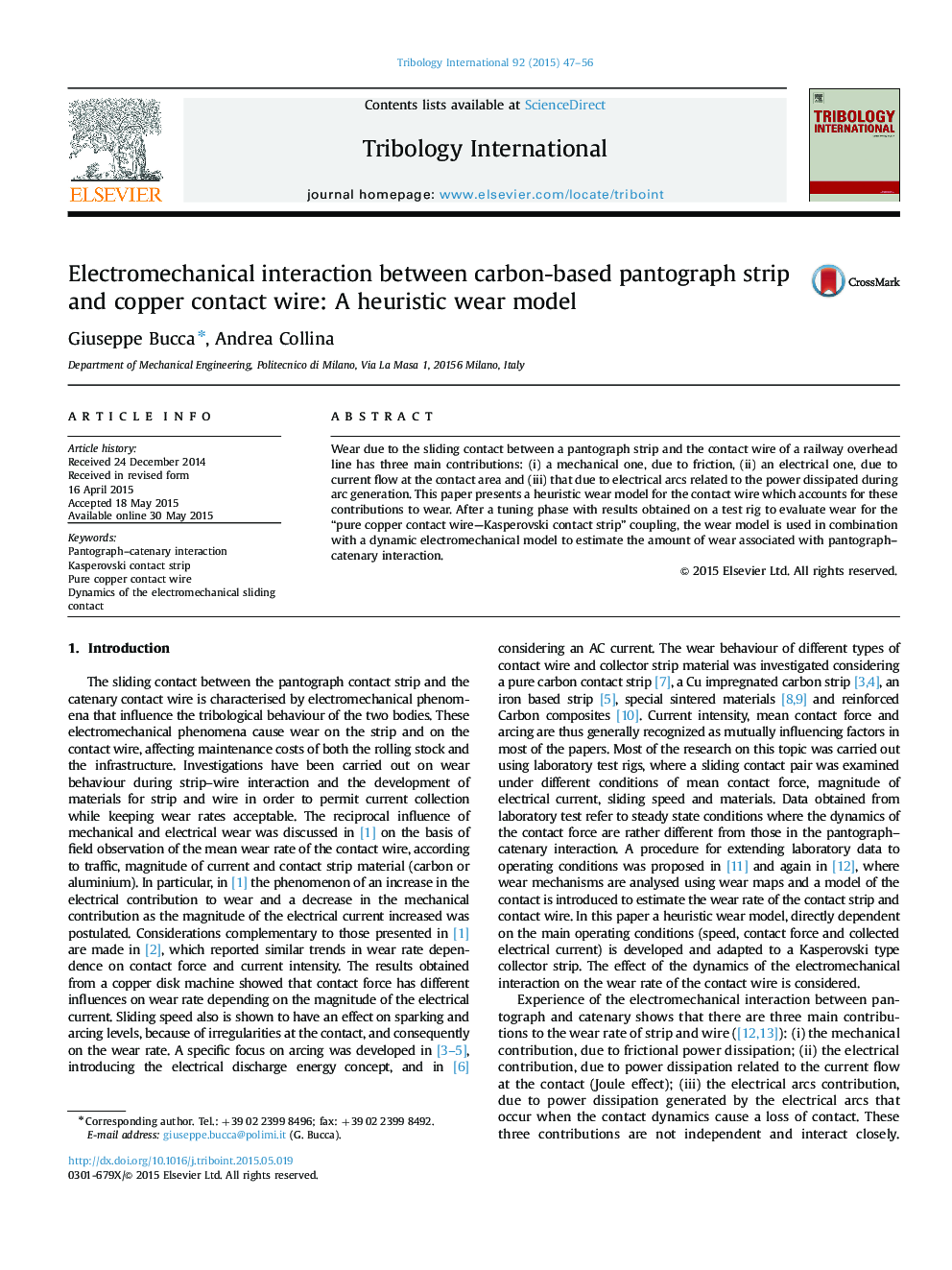 Electromechanical interaction between carbon-based pantograph strip and copper contact wire: A heuristic wear model