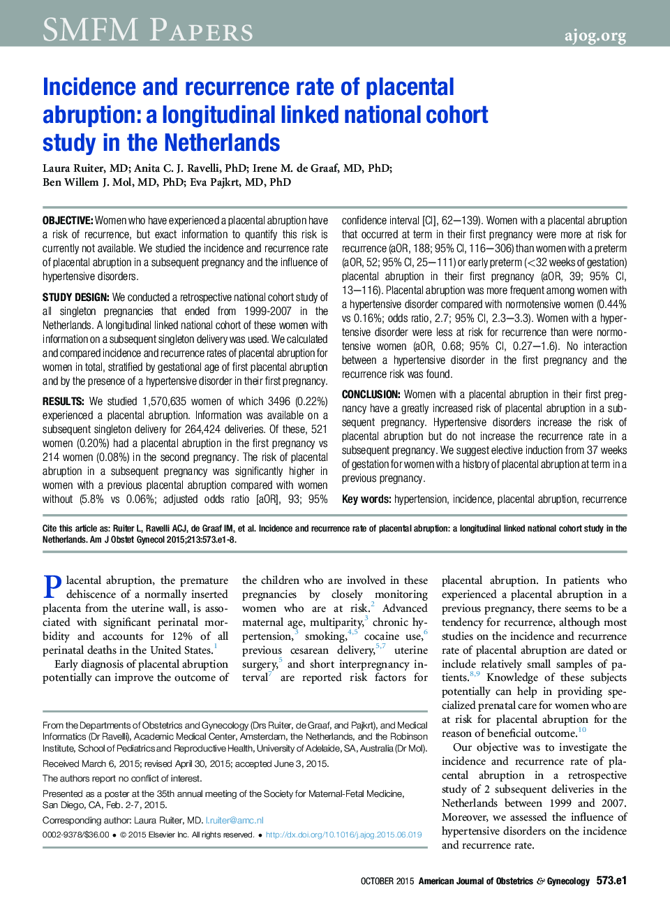 Incidence and recurrence rate of placental abruption: a longitudinal linked national cohort study in the Netherlands