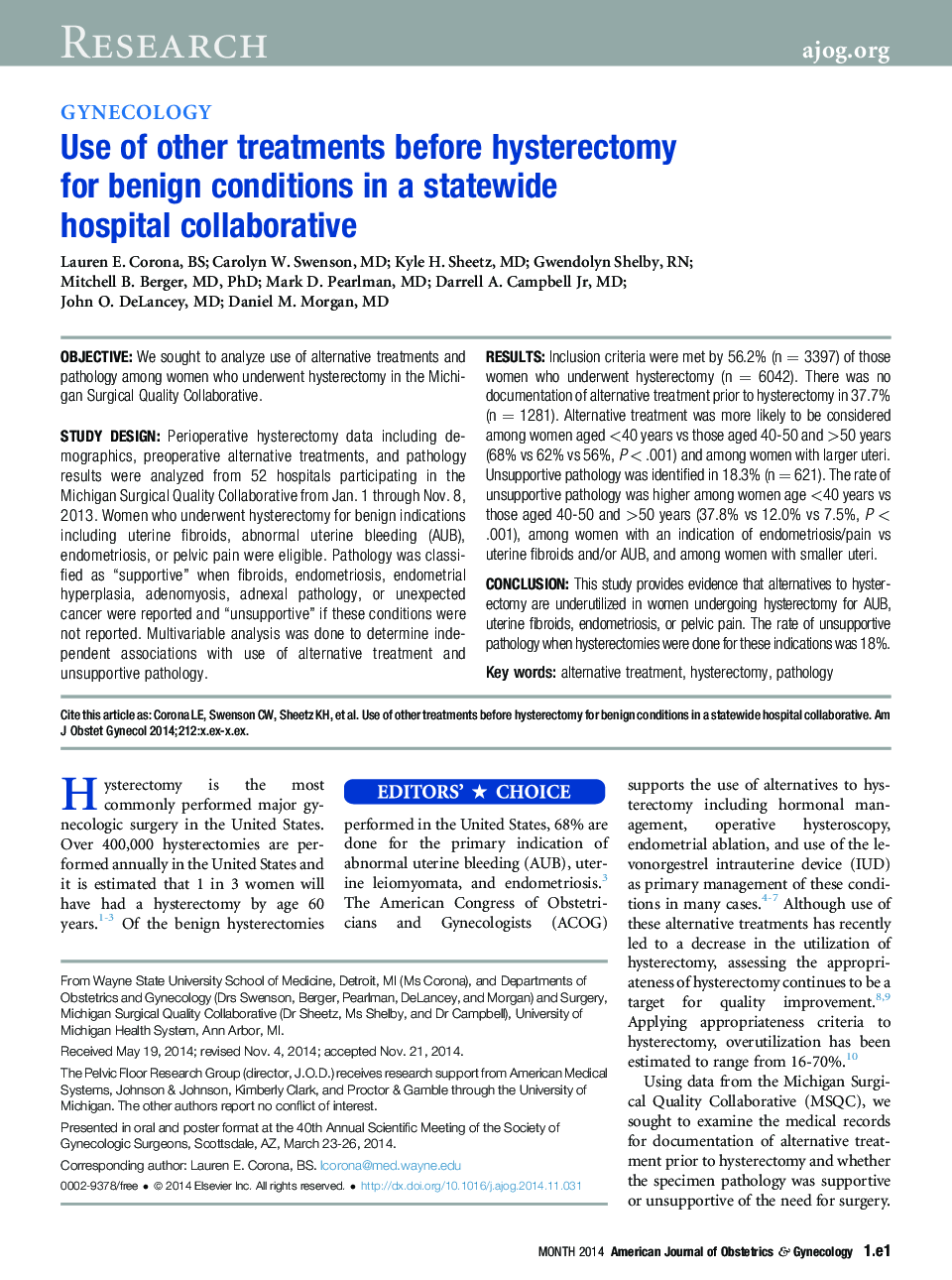 Use of other treatments before hysterectomy for benign conditions in a statewide hospital collaborative