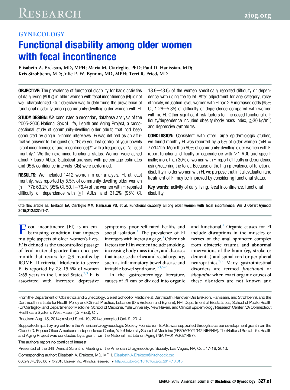 Functional disability among older women with fecal incontinence