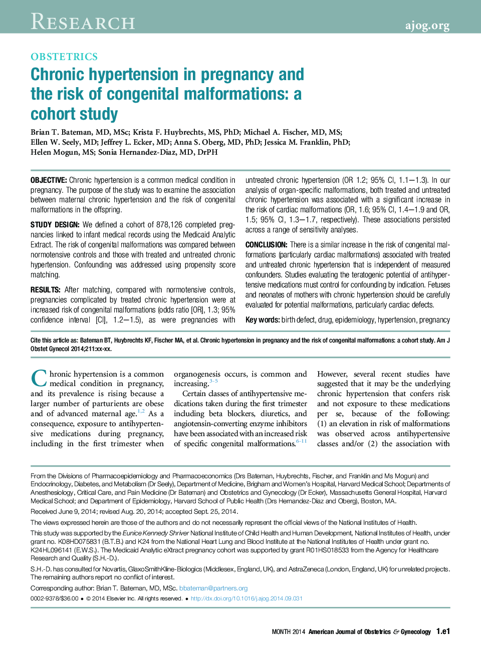 Chronic hypertension in pregnancy and the risk of congenital malformations: a cohort study