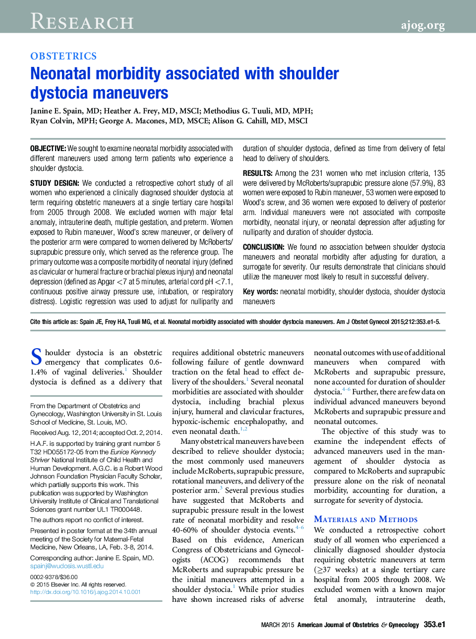 Neonatal morbidity associated with shoulder dystocia maneuvers