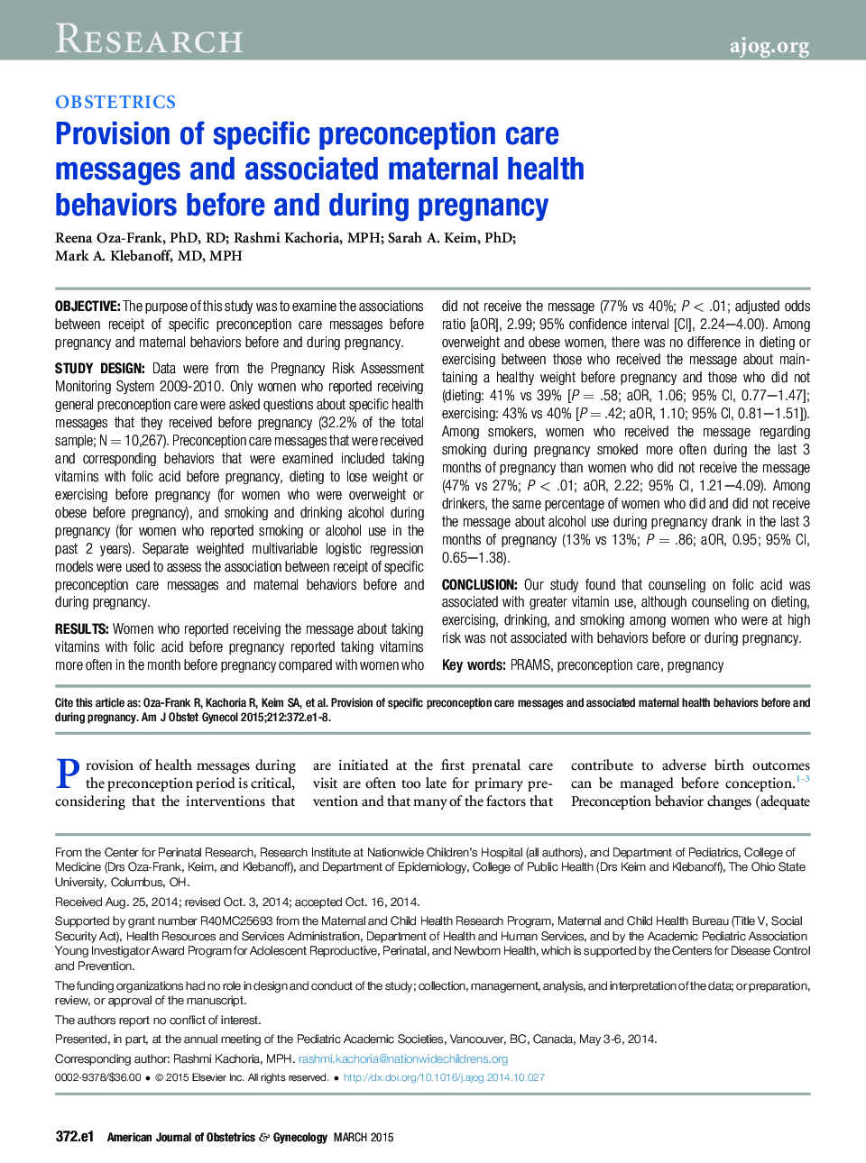 Provision of specific preconception care messages and associated maternal health behaviors before and during pregnancy