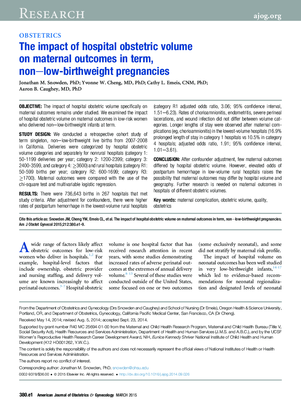 The impact of hospital obstetric volume on maternal outcomes in term, non-low-birthweight pregnancies