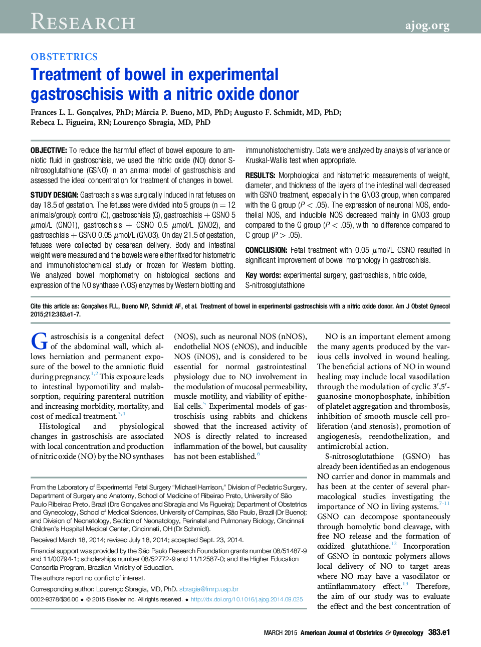 Treatment of bowel in experimental gastroschisis with a nitric oxide donor