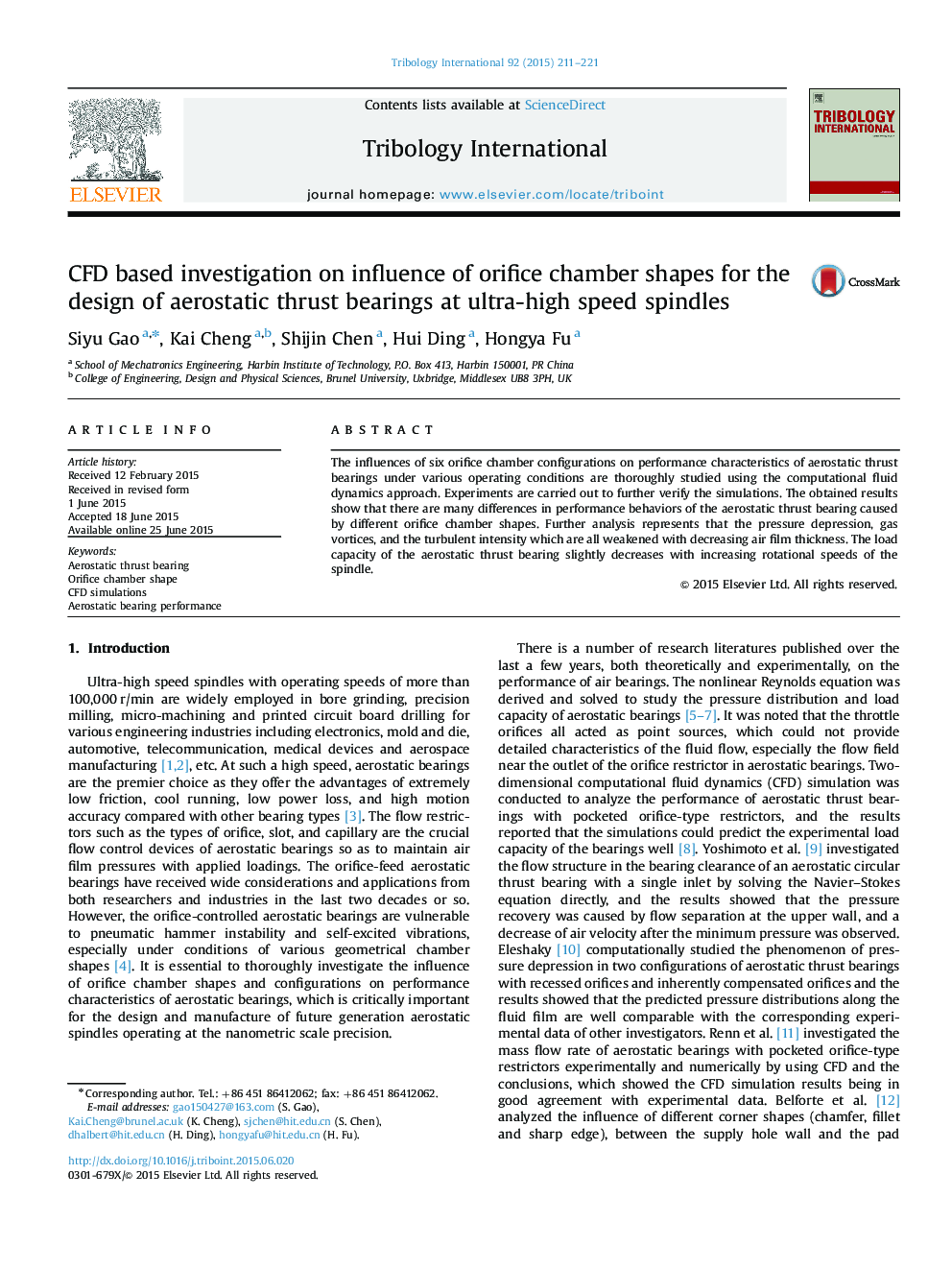 CFD based investigation on influence of orifice chamber shapes for the design of aerostatic thrust bearings at ultra-high speed spindles