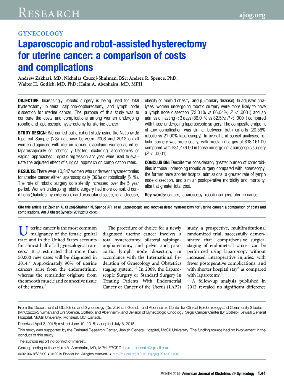 Laparoscopic and robot-assisted hysterectomy for uterine cancer: a comparison of costs and complications