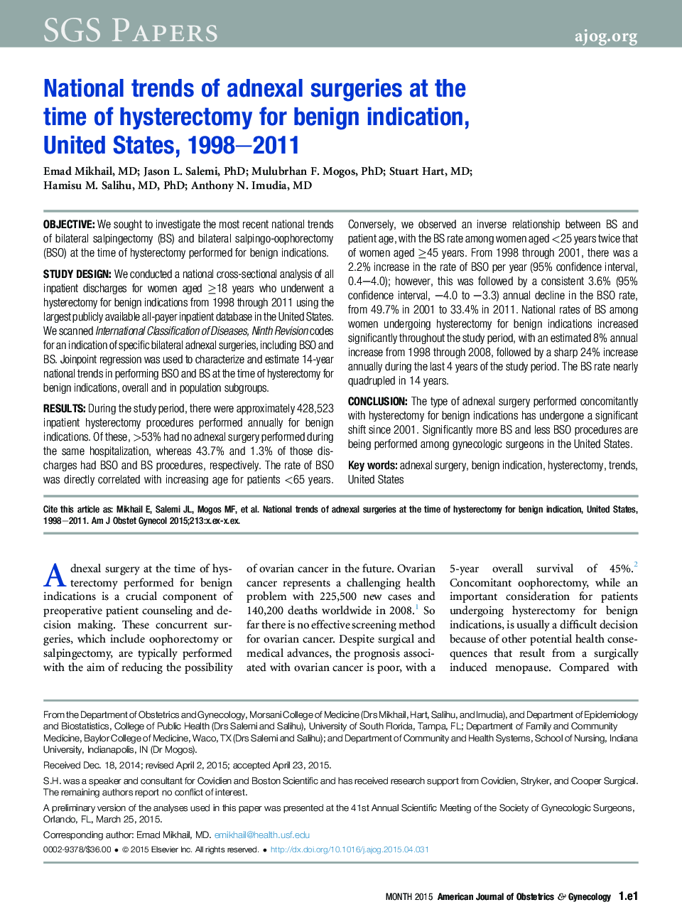 National trends of adnexal surgeries at the time of hysterectomy for benign indication, United States, 1998-2011