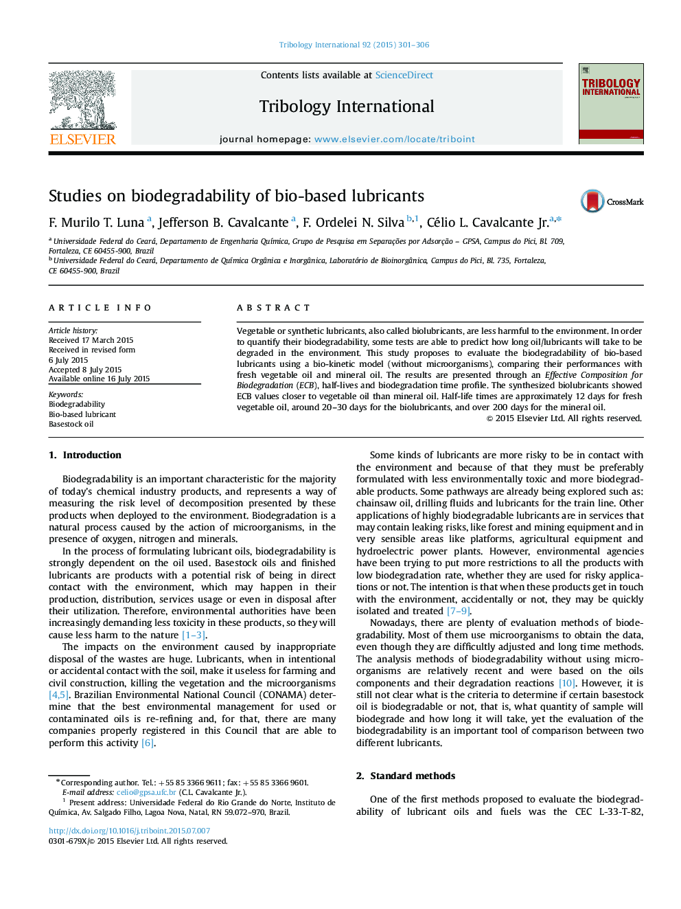 Studies on biodegradability of bio-based lubricants