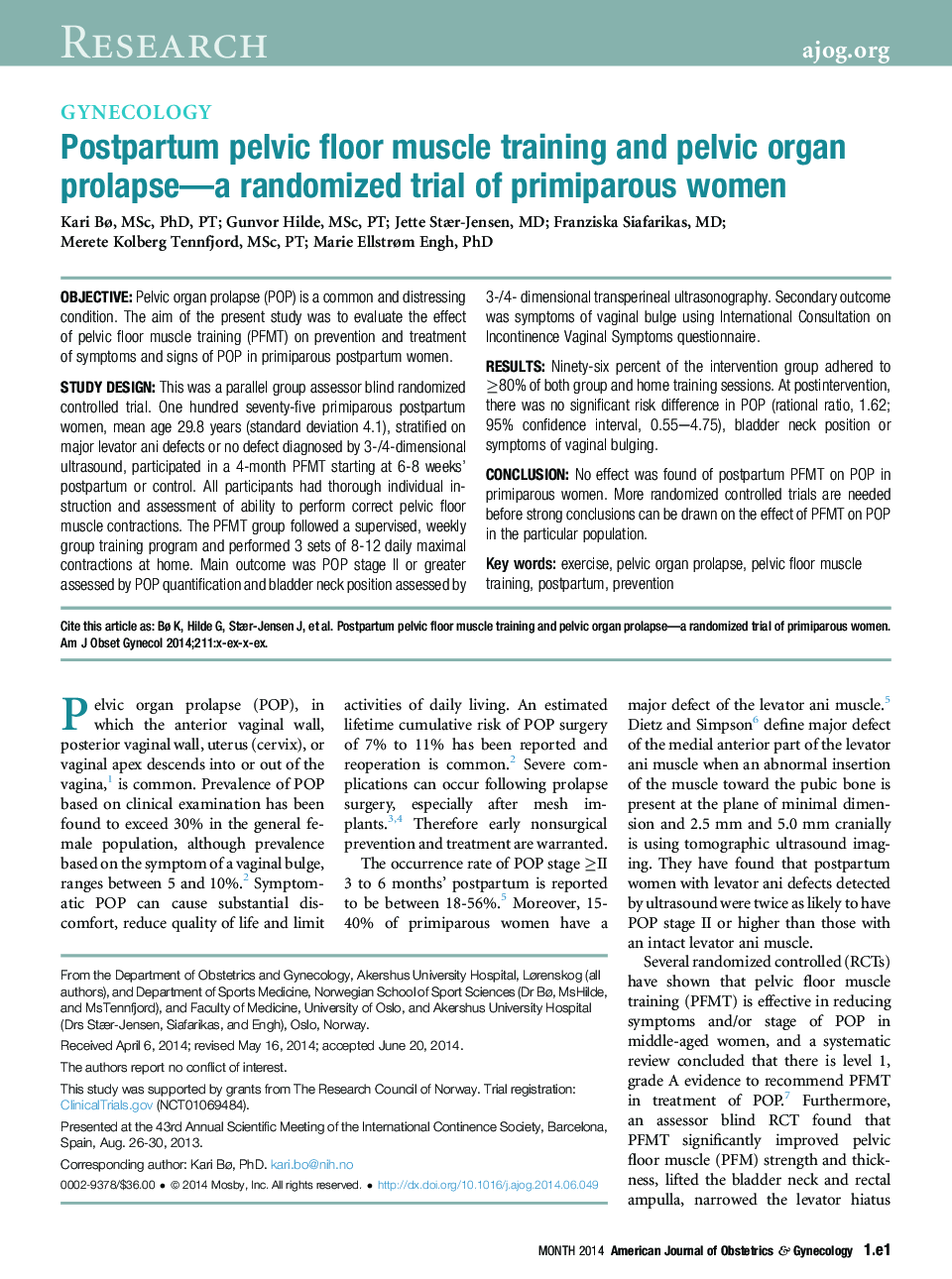 Postpartum pelvic floor muscle training and pelvic organ prolapse-a randomized trial of primiparous women