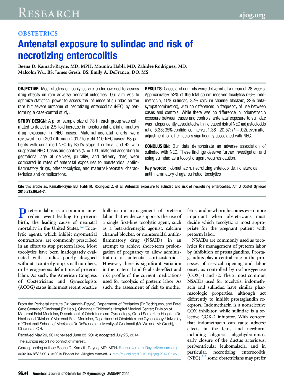 Antenatal exposure to sulindac and risk of necrotizing enterocolitis