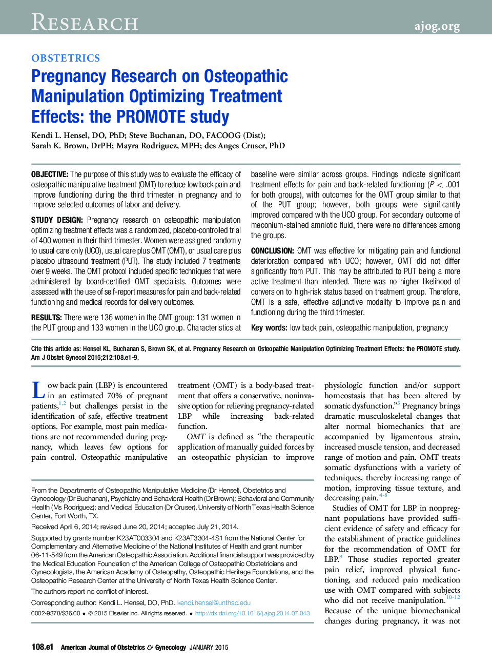 Pregnancy Research on Osteopathic Manipulation Optimizing Treatment Effects: the PROMOTE study